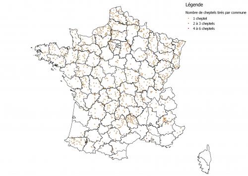 Figure 1: Répartition des élevages bovins sélectionnés pour l'enquête programmée FCO 