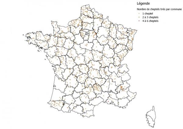 Figure 2: Répartition des élevages bovins sélectionnés pour l'enquête programmée FCO