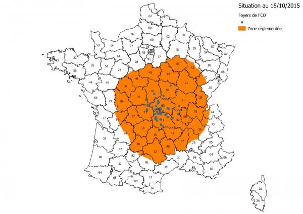 Figure 1: Zones réglementées et foyers de FCO à sérotype 8 au 19 octobre 2015