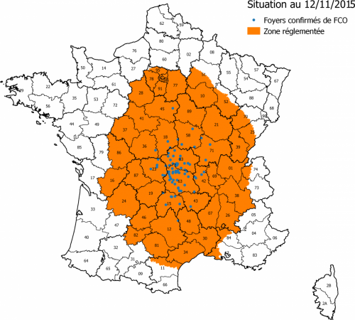 Figure 1: Zones réglementées et foyers de FCO à sérotype 8 au 12 novembre 2015