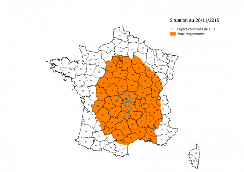 Figure 1 : Zones réglementées et foyers de FCO à sérotype 8 au 26 novembre 2015