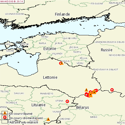 Carte de distribution des foyers de PPA en Lettonie (du début de l’évènement au 25 juin jusqu’au 26 juillet 2014)