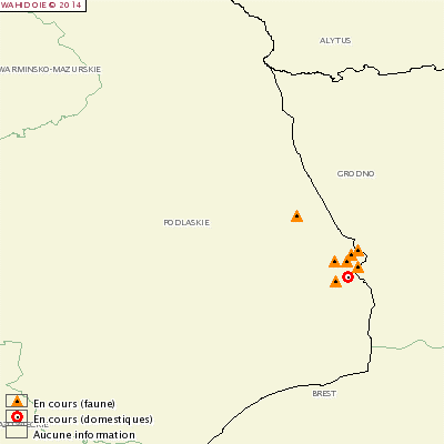 Carte de distribution des toutes les foyers de PPA en Pologne au 26 juillet 2014.