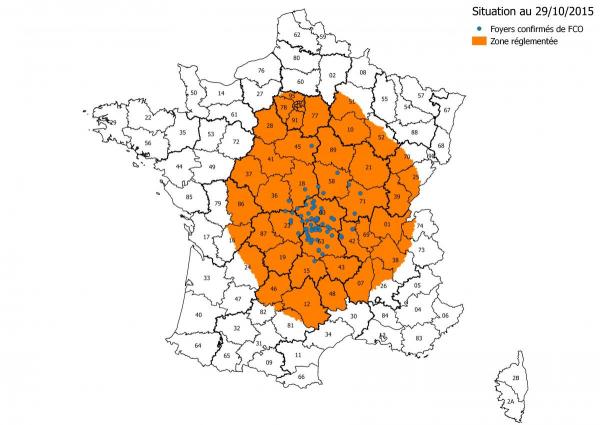 Figure 1: Zones réglementées et foyers de FCO à sérotype 8 au 29 octobre 2015