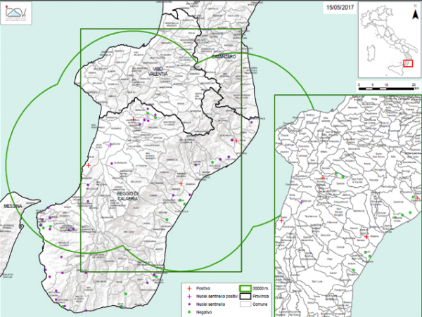 Figure 1 : Zones de protection Aethina tumida en Calabre au 15 mai 2017