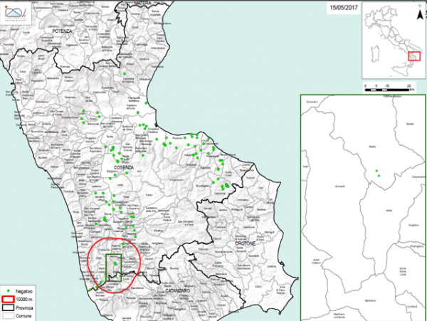 Figure 4 : Zone de protection Aethina tumida à Cosenza au 15 mai 2017