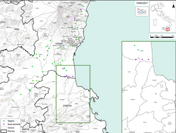 Figure 3 : Zone de protection Aethina tumida en Sicile au 15 mai 2017