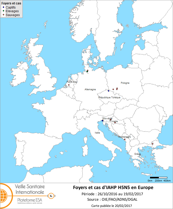 Figure 4 : Carte des foyers et de cas d’IAHP H5N5 déclarés dans l’UE entre le 26 octobre 2016 et le 19 février 2017 inclus (sources : OIE/ADNS/DGAL).