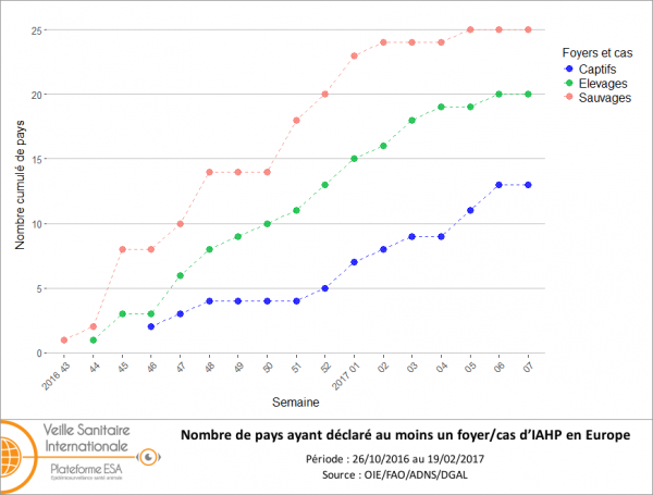 Figure 2 : Nombre cumulé par semaine de pays ayant déclaré au moins un foyer/cas d’IAHP en Europe (UE et Suisse) du 26 octobre 2016 au 19 février 2017 (inclus) (source: ADNS/OIE/DGAL)