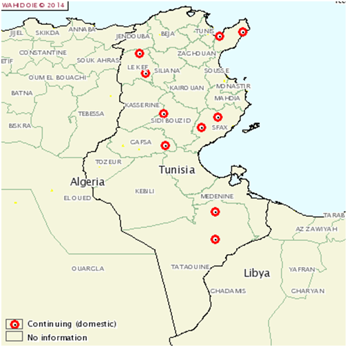 Figure 4. Localisation des foyers de fièvre aphteuse en Tunisie au 21 mai 2014
