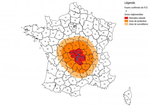 Figure 2: Localisation des foyers confirmés de FCO BTV8 et zonage FCO effectif au 24/09/2015