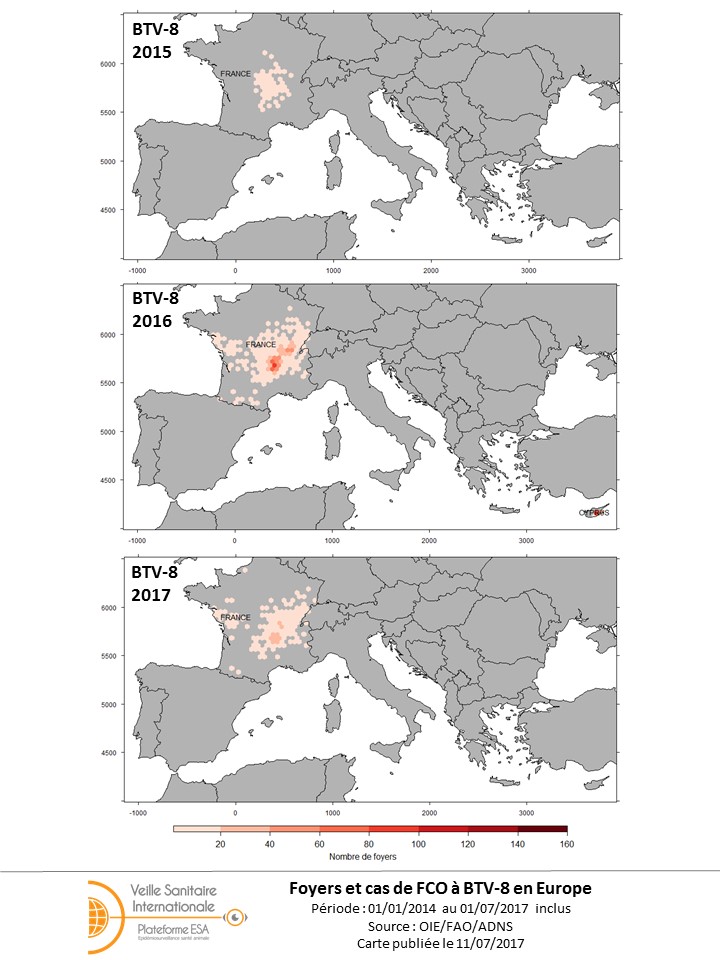 Figure 2 : Evolution des foyers de FCO BTV-8 en Europe de janvier 2014 à juillet 2017 (situation au 01/07/2017)