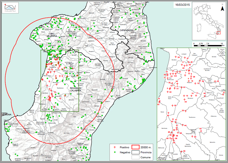 Carte 1 : Localisation des foyers d'infestation par A. tumida en Calabre