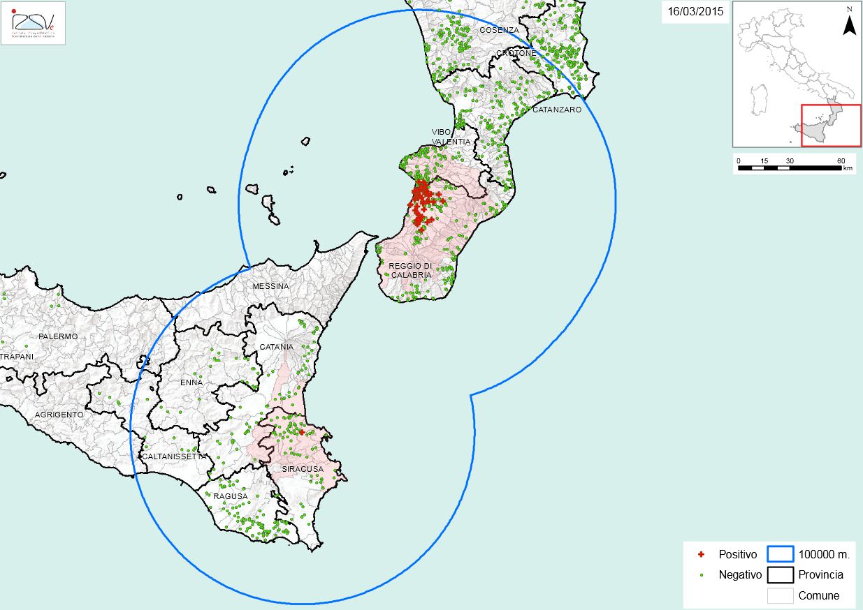 Carte 2 : Localisation des foyers d'infestation par A. tumida en Sicile