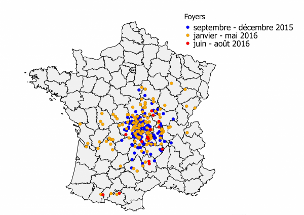 Figure 1: Répartition des foyers FCO (sérotype 8) en fonction de la période de détection entre le 27 août 2015