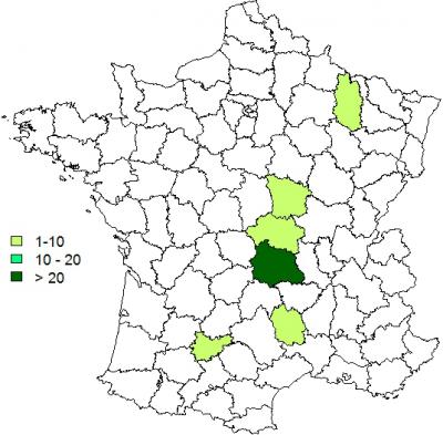 Figure 4: Nombre d'élevages par département pour lesquels au moins une analyse FCO a été réalisée et enregistrée dans Sigal le 24 septembre 2015 (enquête programmée)