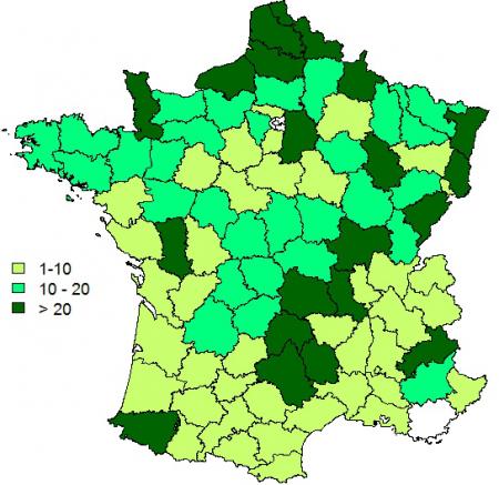 Figure 3 : Nombre d'élevages par département pour lesquels au moins une analyse FCO a été réalisée et enregistrée dans Sigal