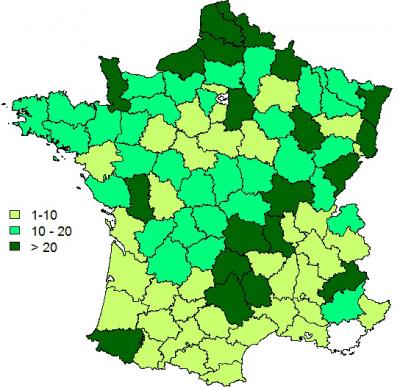 Figure 4 : Proportion de réalisation des analyses FCO au niveau élevage par région au 30 octobre 2015 dans le cadre de l’enquête programmée (en %)