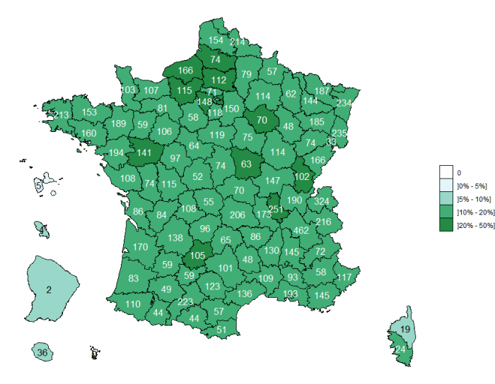 Carte de la participation des apiculteurs à l'enquête 2020-2021 par département