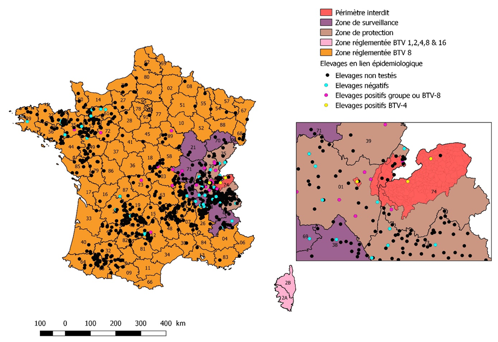 Figure 2. Elevages en lien épidémiologique avec les élevages du périmètre interdit ou des élevages Corses