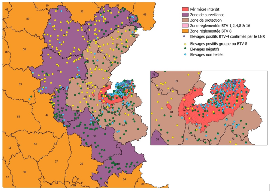Figure 1. Elevages inclus dans la surveillance en périmètre interdit, zone de surveillance et zone de protection