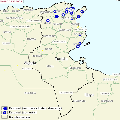 Figure 7. Localisation des foyers de fièvre aphteuse en Tunisie au 1er juillet 2014