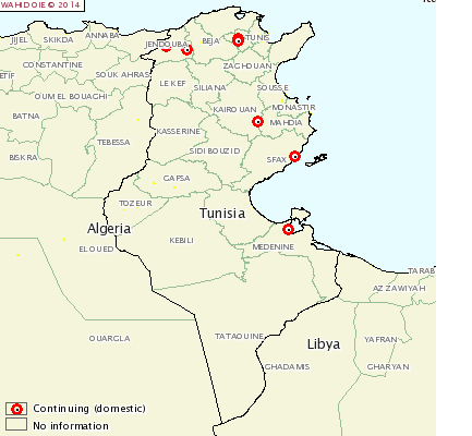 Figure 9. Localisation des foyers de fièvre aphteuse en Tunisie au 21 juillet 2014
