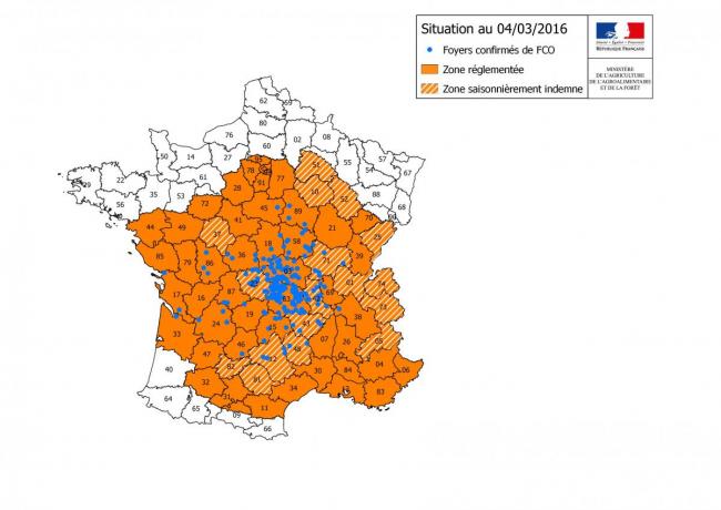 Figure 3 : Zones réglementées et foyers de FCO à sérotype 8 détectés au 4 mars 2016 