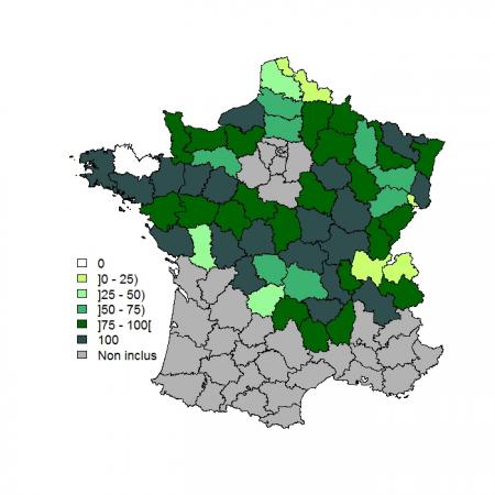 Figure 4: Taux de réalisation des analyses FCO au niveau animal pour les bovins de plus de 36 mois par département 