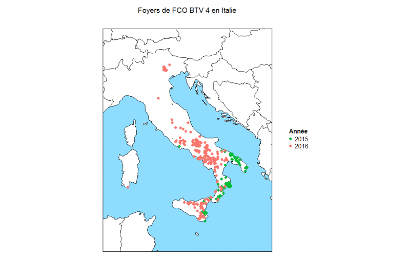 Figure 1 : Foyers de fièvre catarrhale ovine de sérotype 4 en Italie en 2015 et 2016 (données ADNS au 22/09/2016)