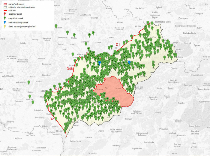 Figure 3 : Localisation des sangliers tués dans la zone de chasse renforcée en République Tchèque