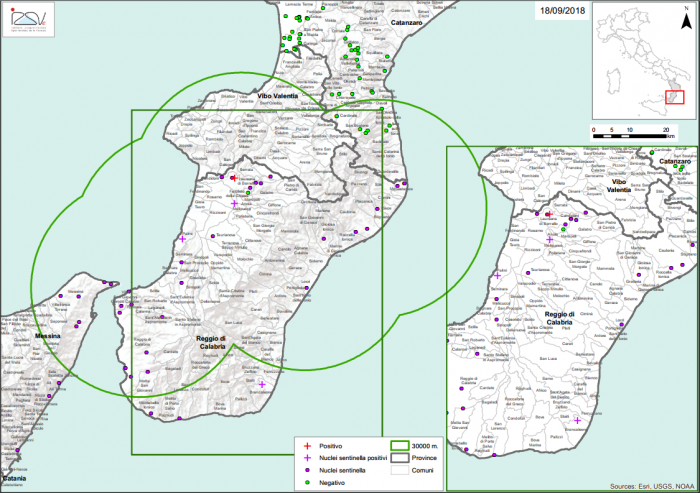 Figure 1. Zone de protection (en vert) pour la surveillance du petit coléoptère des ruches en Calabre