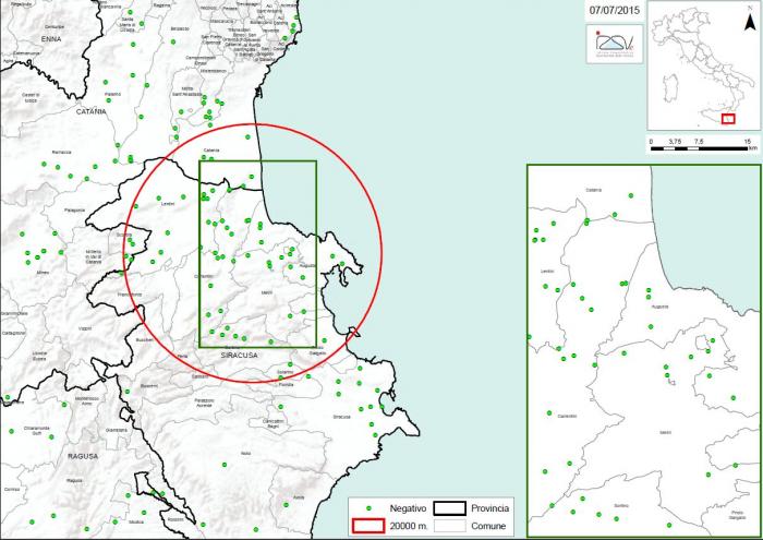 Carte 2 : Localisation des foyers d'infestation par A. tumida en Sicile 