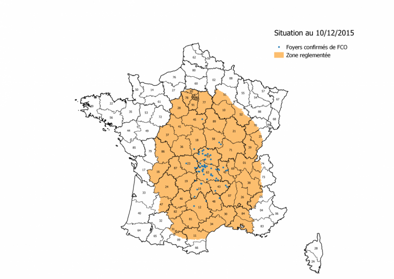 Figure 1 : Zones réglementées et foyers de FCO à sérotype 8 au 10 décembre 2015