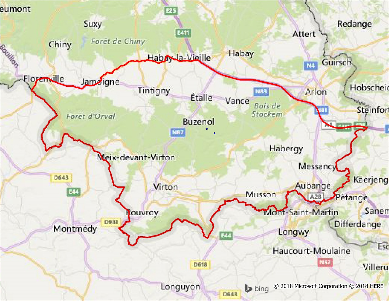 Figure 1. Zone infectée délimitée au Sud de la Belgique aux frontières françaises et luxembourgeoises