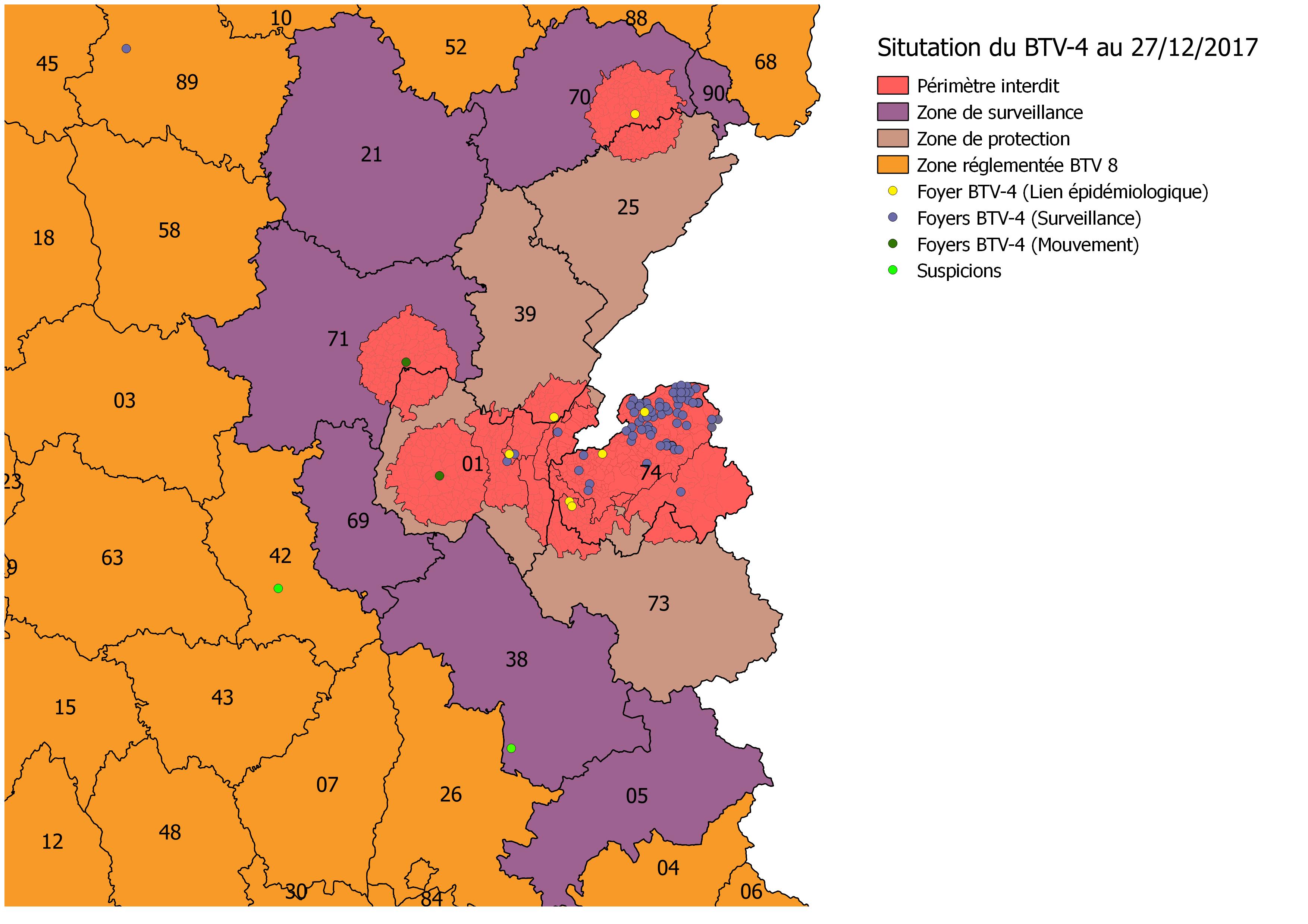 Figure 1 – Zone réglementée et foyers BTV-4 au 27 décembre 2017