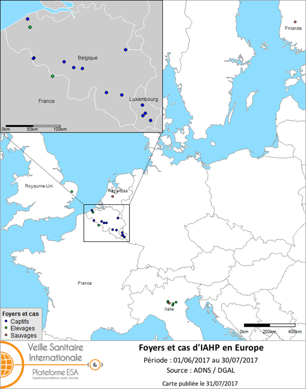 Figure 1 : Carte des foyers et de cas d’IAHP H5 déclarés en Europe du 1er juin 2017 au 30 juillet 2017 inclus (sources : OIE/ADNS/DGAL).