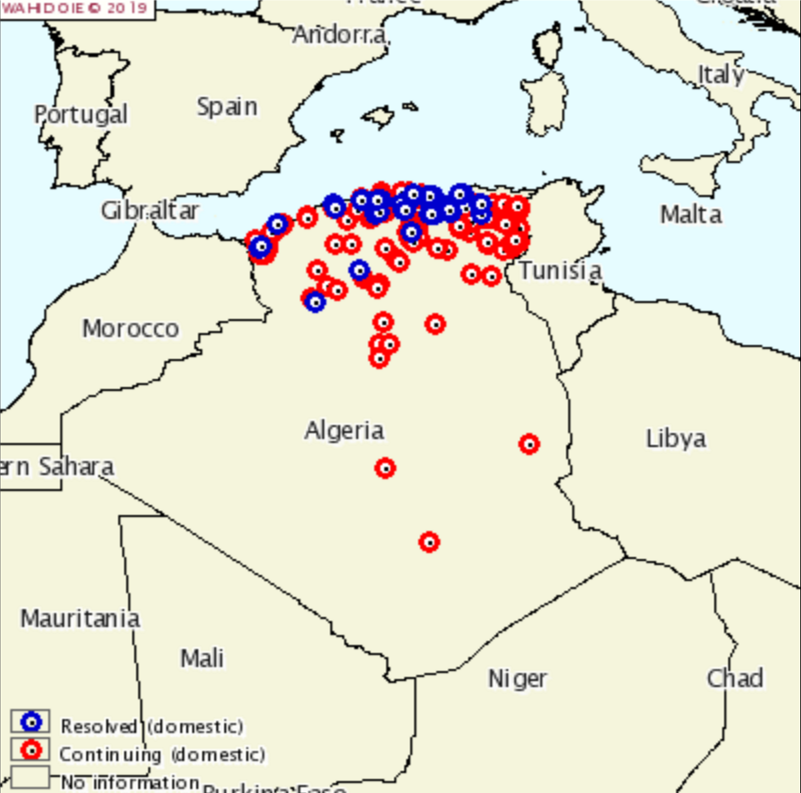 Figure 1. Cartes des foyers de FA en Algérie du 28/06/2018 au 05/05/2019 (source: OIE)