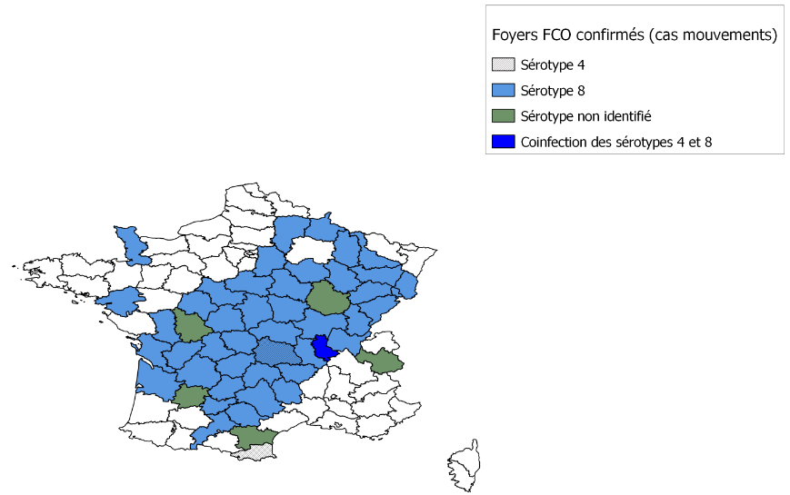 Figure 1. Départements dans lesquels des foyers de FCO ont été confirmés dans le cadre de dépistages mouvements en France continentale