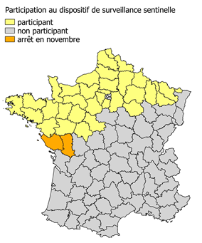 Figure 1 : Départements participant au dispositif de surveillance programmée sentinelle pour la détection de la circulation virale de la FCO en cas d’introduction  