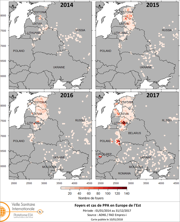 Figure 1: Evolution des foyers et cas de peste porcine africaine (PPA) chez les porcs domestiques et les sangliers sauvages dans le Nord-Est de l’Europe