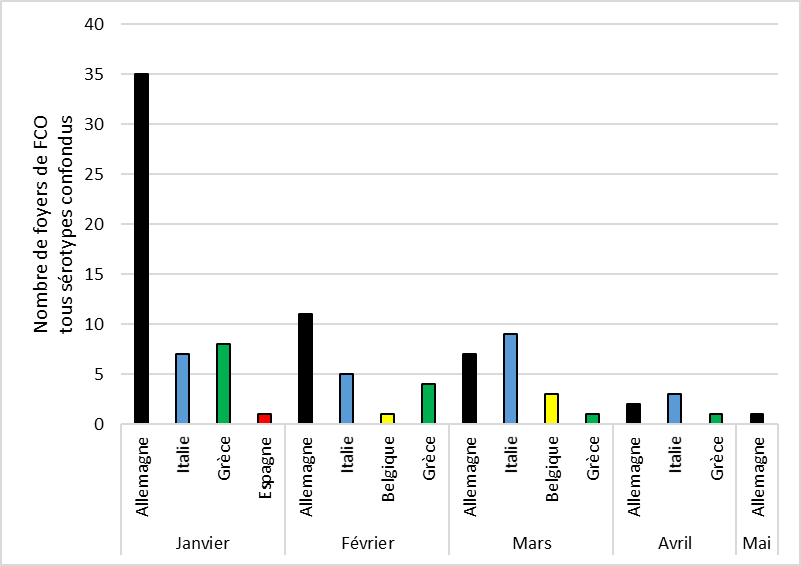 Figure 1. Nombre de foyers de FCO tous sérotypes confondus confirmés mensuellement en Europe du 01/01 au 19/05/2019 (Source : ADNS au 20/05/2019)
