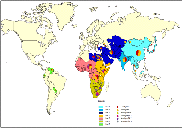 Figure 1. Pools de virus de la fièvre aphteuse : distribution mondiale par sérotype en 2011-2013 (source Monthly report, European Commission for the control of foot and mouth disease, FAO. January, 2014)