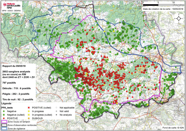 Figure 1. Zones de surveillance et localisation des sangliers prélevés en date