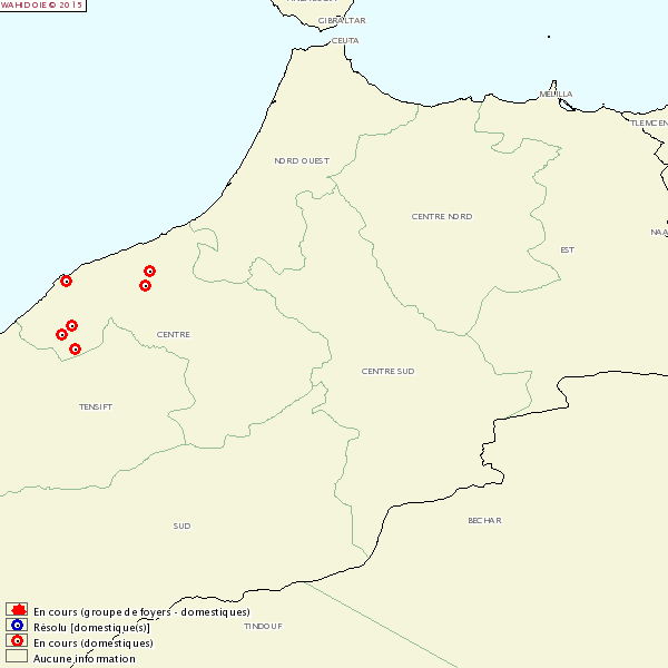 Figure 1. Localisation des six foyers de fièvre aphteuse notifiés par le Maroc au 3 décembre 2015