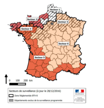 Figure 2. Carte des secteurs de France continentale en fonction de la zone réglementée FCO et de la durée de la période d’inactivité vectorielle