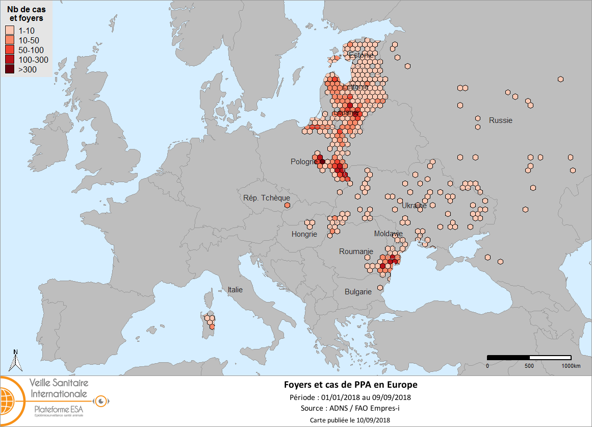 Figure 2. Densité des foyers domestiques et cas sauvages de PPA confirmés en Europe