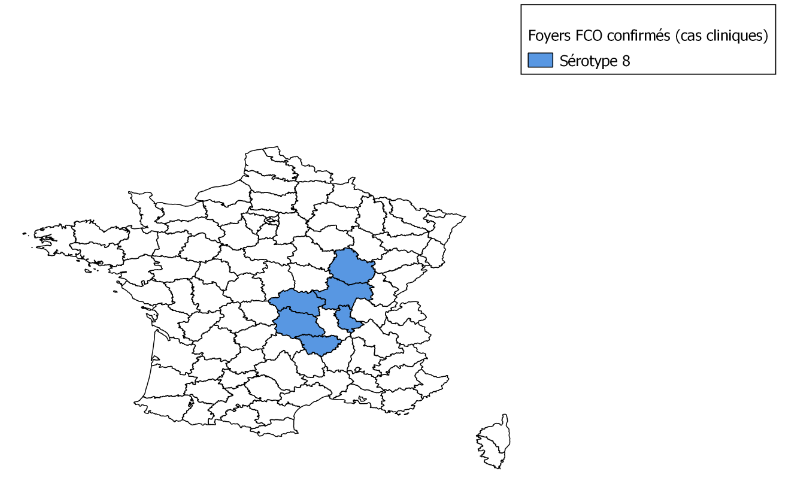 Figure 2. Départements dans lesquels des foyers de FCO ont été confirmés suite à des suspicions cliniques en France continentale