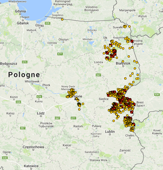 Figure 2 : Distribution des cas et des  foyers de PPA en Pologne du 1er janvier 2017 au 31 décembre 2017 – foyers en élevage