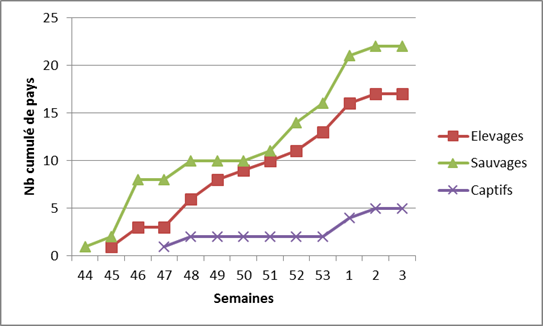 Figure 2 : Nombre cumulé par semaine de pays ayant déclaré au moins un foyer/cas d’IAHP en Europe (EU, Suisse et Ukraine) du 26 octobre 2016 au 22 janvier 2017 (inclus) (source: ADNS/OIE/DGAL)